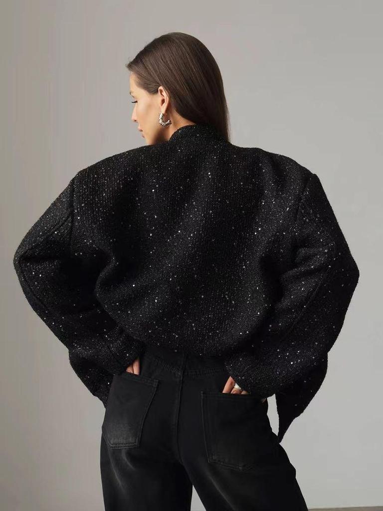 Europäische Goldfaden Pailletten Stehkragen Locker Jacke