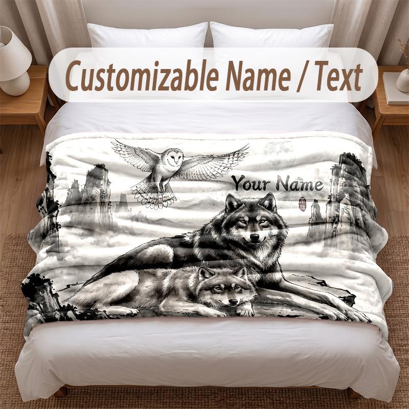 Wolf Theme Soft Blanket Personalized Custom Name Text Print Warm Blanket Home Sofa Bedroom Decor