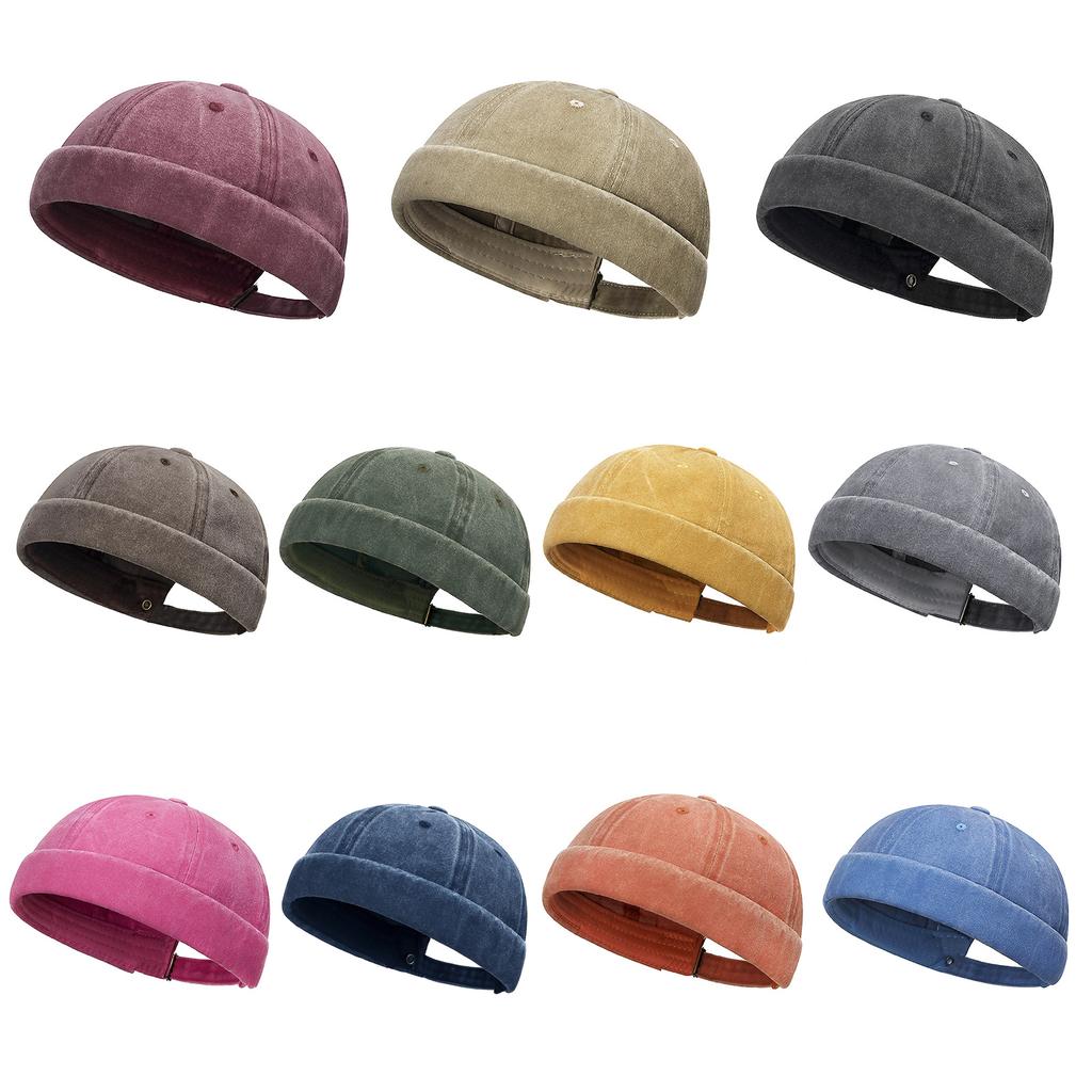 Hip Hop Hat Rolled-Cuff Harbour Hat Distressed Brimless Skull Hat Adjustable Washed Casual Hat for Outdoor Photo Props
