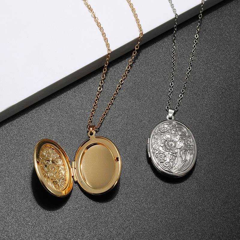 Retro Photo Box, Oval Engraved Pattern Pendant, Openable Pendant Necklace, Versatile for Women