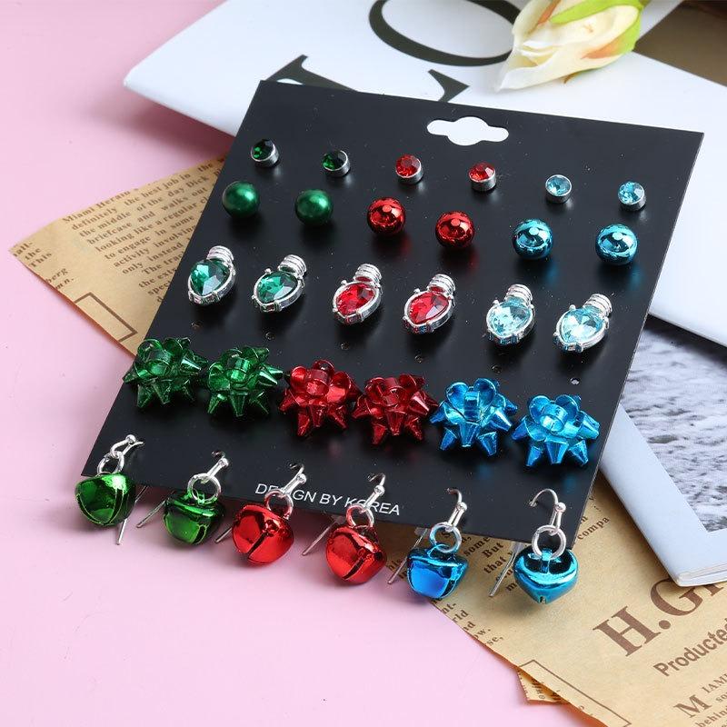 Christmas Stud Earrings Combination Set, Car Cup C Candle Metal Flower Bell Personalized Earrings Set