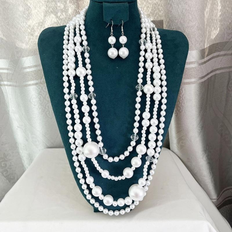 Elegant Multilayer Pearls Necklace and Earrings Set for Women Featuring Handmade Beading and Fashionable Designs