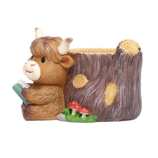 Highland Cow Planter Cute Cartoon Cattle Resin Plant Pot Rustic Animal Flower Pot with Drainage Hole for Outdoor Indoor Backyard Balcony Home Desk