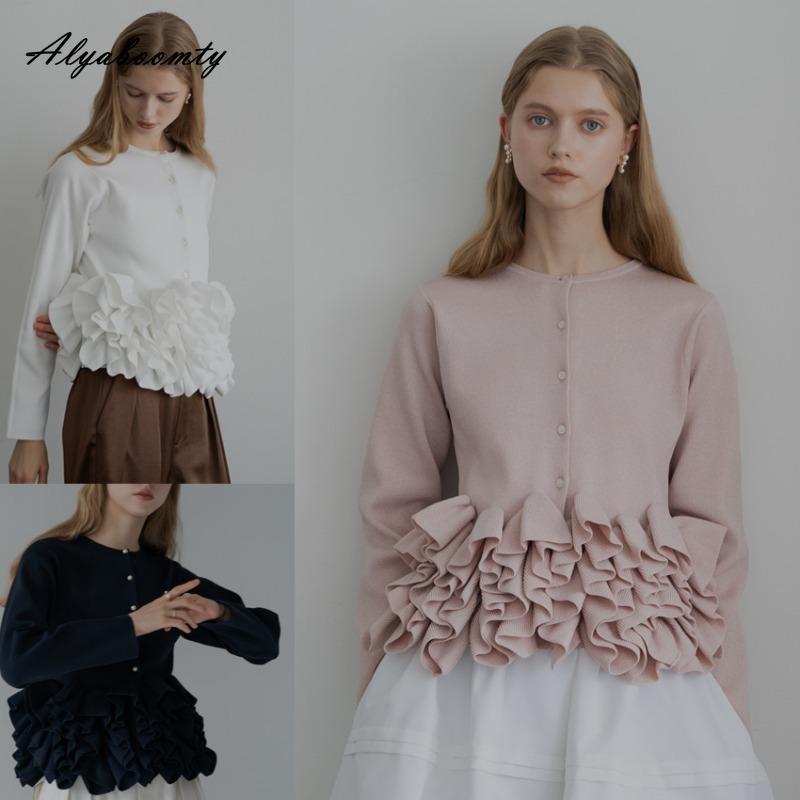 Elegant Fashion Autumn Winter Women Solid Knitting Cardigan White Black Pink Ruffles Patchwork Office Lady Knitted Sweater Sweet Ladies' Warm Coat