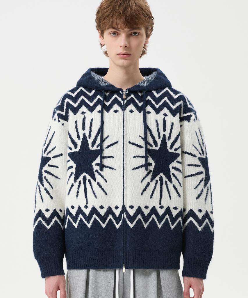 TRILLION Washable Wool Star Nordic Hooded Zip-Up Knit_Navy