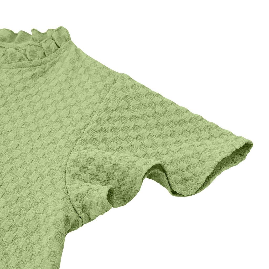 Spring Summer Fresh Casual Women'S Pullover Plaid V-Neck Button Lace Collar Decoration Slim Straight Tube Short Sleeved Top T-Shirt Blouse
