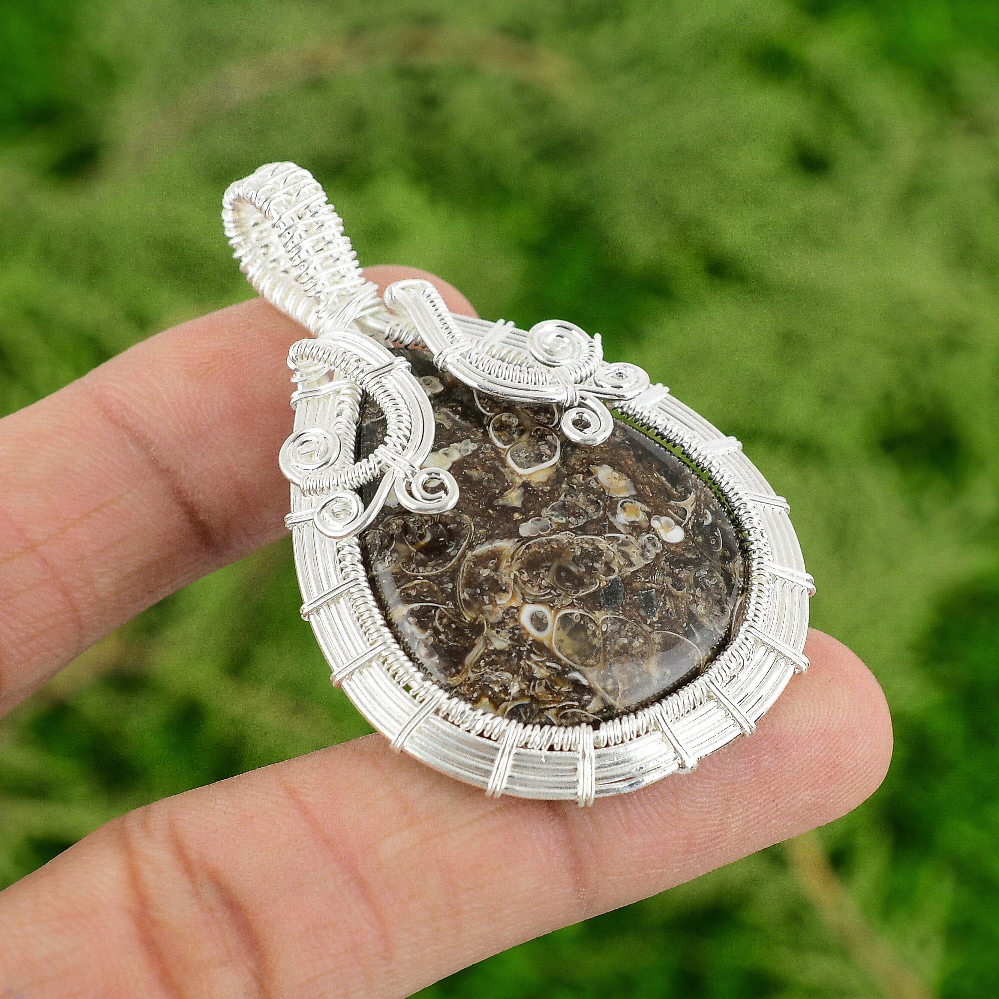 

Turritella Agate Stone Wire Wrapped Anniversary Pendant Jewelry Sterling Silver