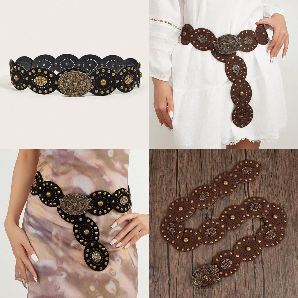 Ethnic Style Bull Head Belt With Metal Clasp For Western Fashion Accessories