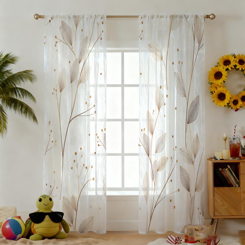 2PCS Sheer Curtains, Beige and Gold, Delicate Botanical Leaves and Branches Pattern, Suitable for Bedroom and Living Room