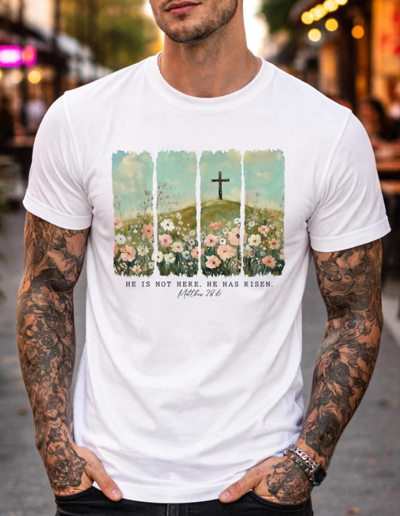 Christian Easter T-Shirt He Is Risen Cross Floral Design Faith Graphic Tee S