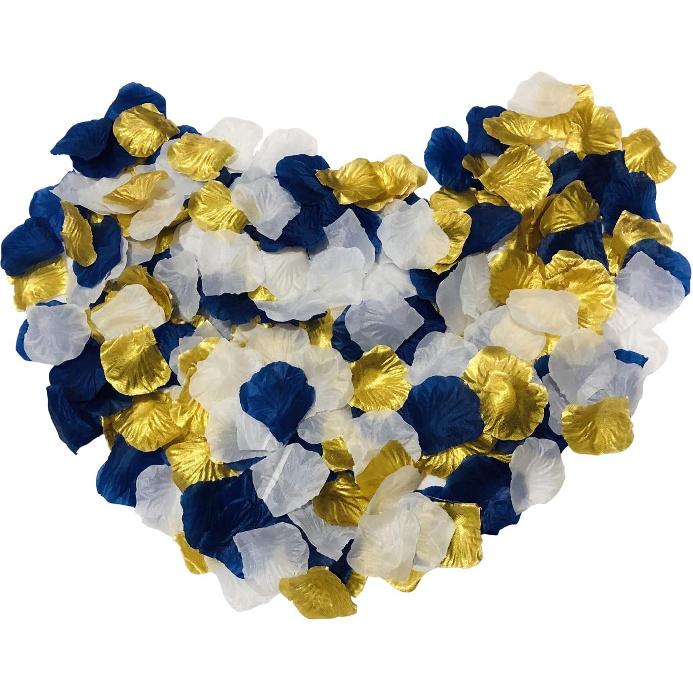 Mixed White & Dark Blue & Gold Artificial Flowers Silk Rose Petals 900PCS Flower Girl Scatter Petals for Wedding Aisle Centerpieces Table Confetti