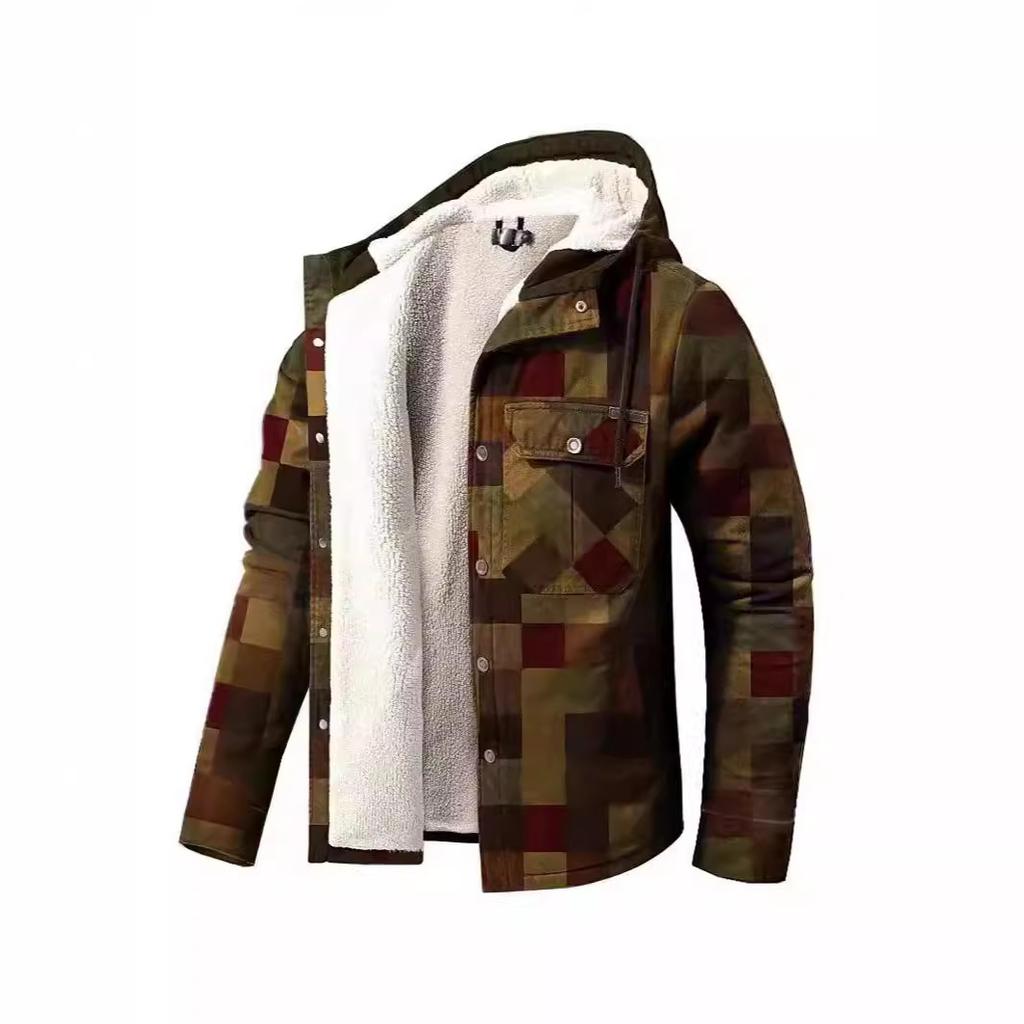 Men's Clothing European and American Autumn and Winter Thickened Cotton-padded Plaid Long-sleeved Loose Hooded Jacket