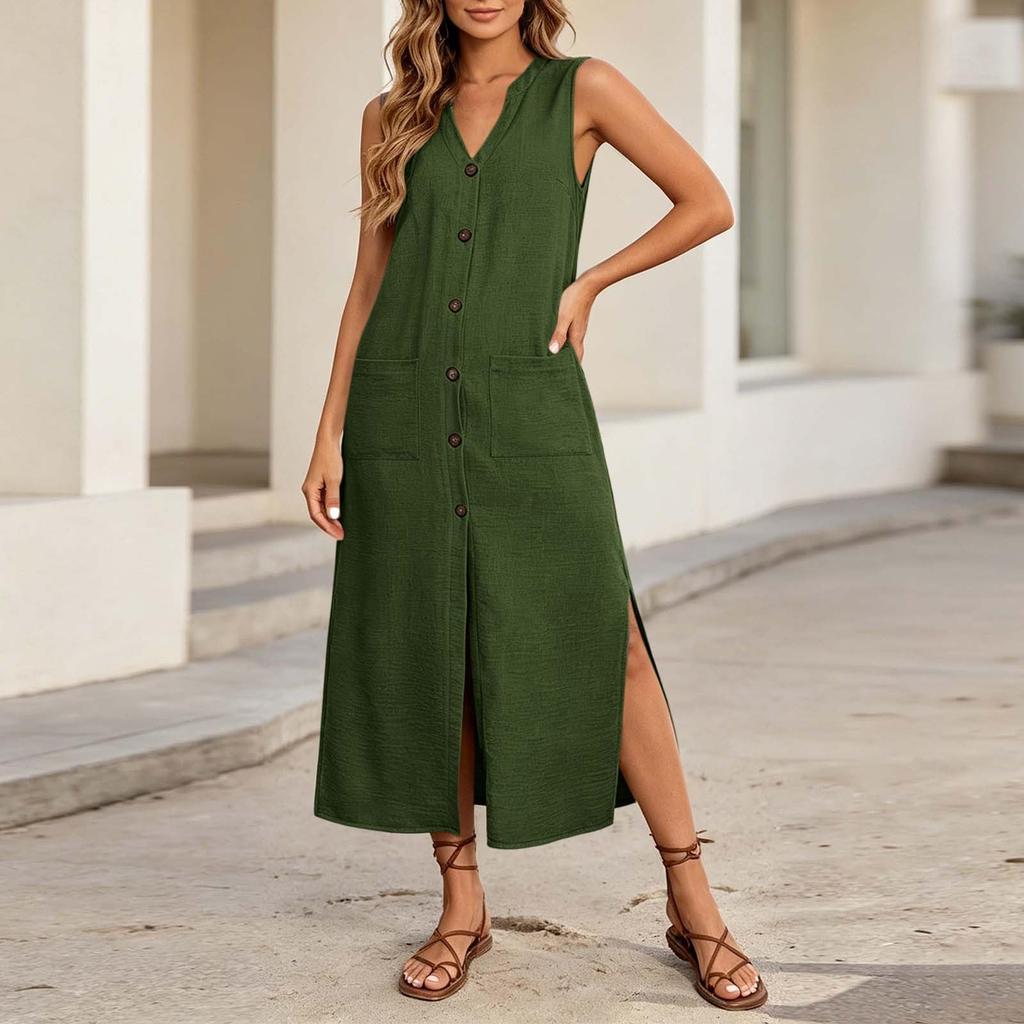 Sleeveless Button Front V Neck Long Casual Dress with Side Slits and Patch Pockets for Women Summer Everyday Wear