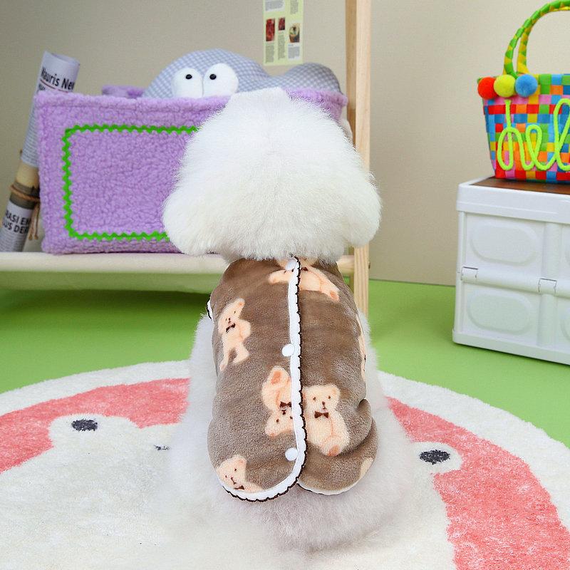 Pet Dog Fleece Vest With Cute Bear Print, Polyester Cotton Winter Sleeveless Coat For Small Dogs, Dark Coffee XS Puppy Daily Wear Outfit