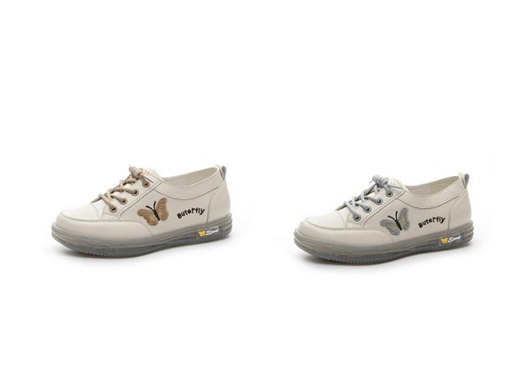 Women's White Leather Slip-On Sneakers - Spring/Autumn, Soft Sole, Butterfly Design, Casual Flats, Plus Sizes Available