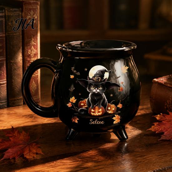 Tazza da Tè Stile Retrò Scuro, Tazza Caldaia Strega di Halloween, 350ml Pentola Magica Vintage Gotica a 3 Gambe, Idee Regalo Anniversario Compleanno Gatto Nero Ceramica