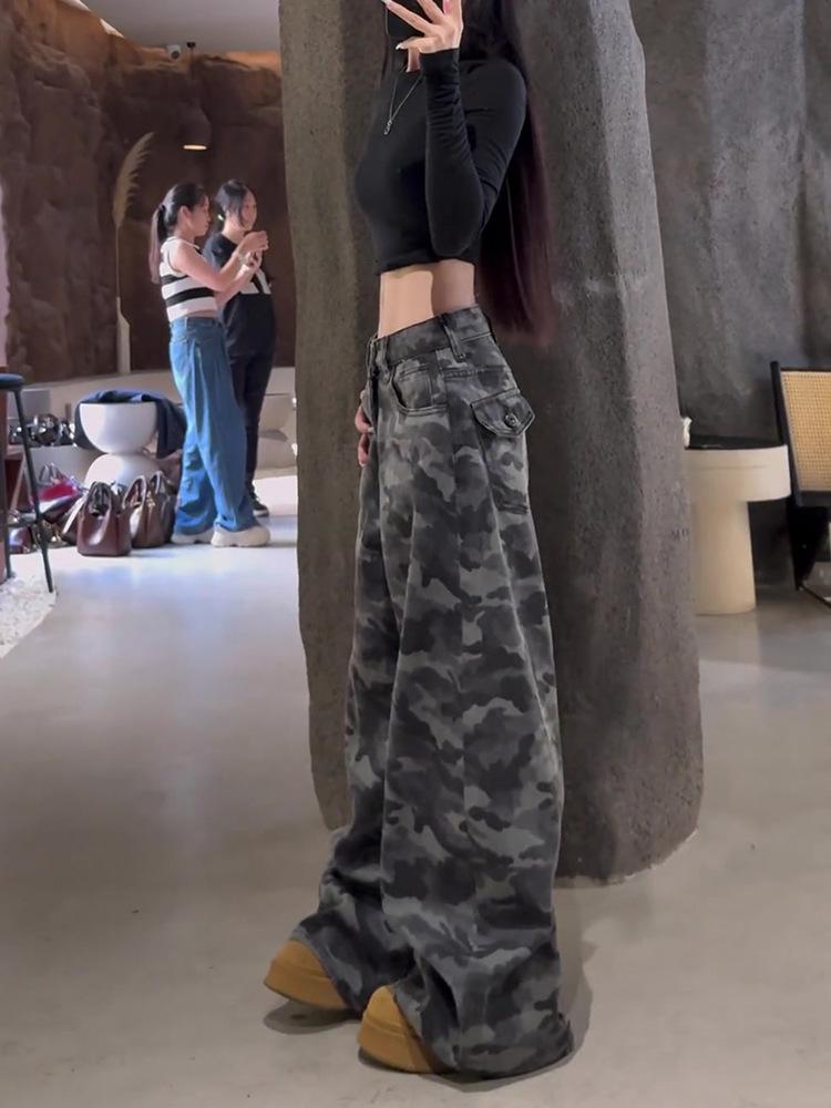 Women's Wide Leg Retro Camo Jeans - Spring/Autumn Casual Street Style