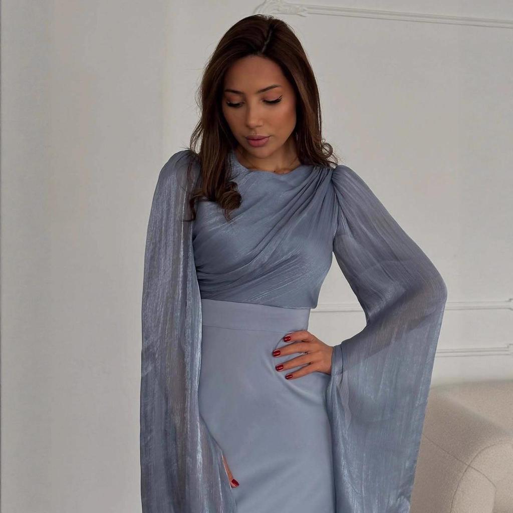 Elegant Slim Fit Satin Dress with Slit - Long Sleeve, Shiny, and Hip-Hugging for Autumn/Winter