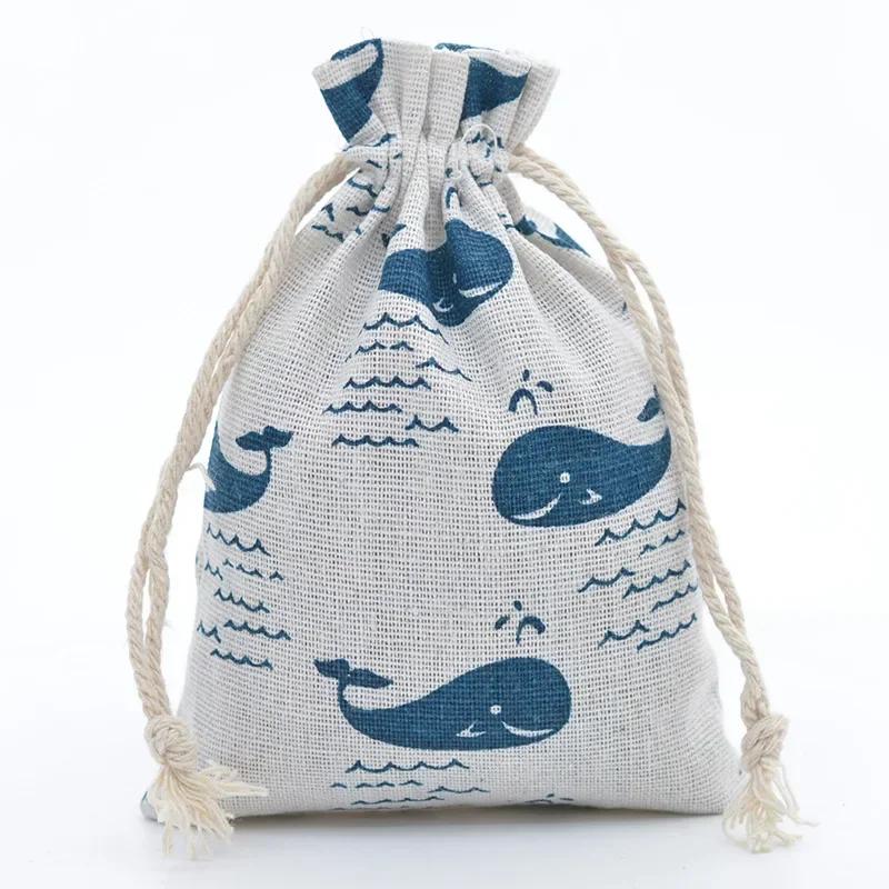 10pc Drawstring Cotton Linen Print Organizer 10x14/13x18cm Women Jewelry Cosmetics Cloth Bag Christmas Gift Bag Party Decoration