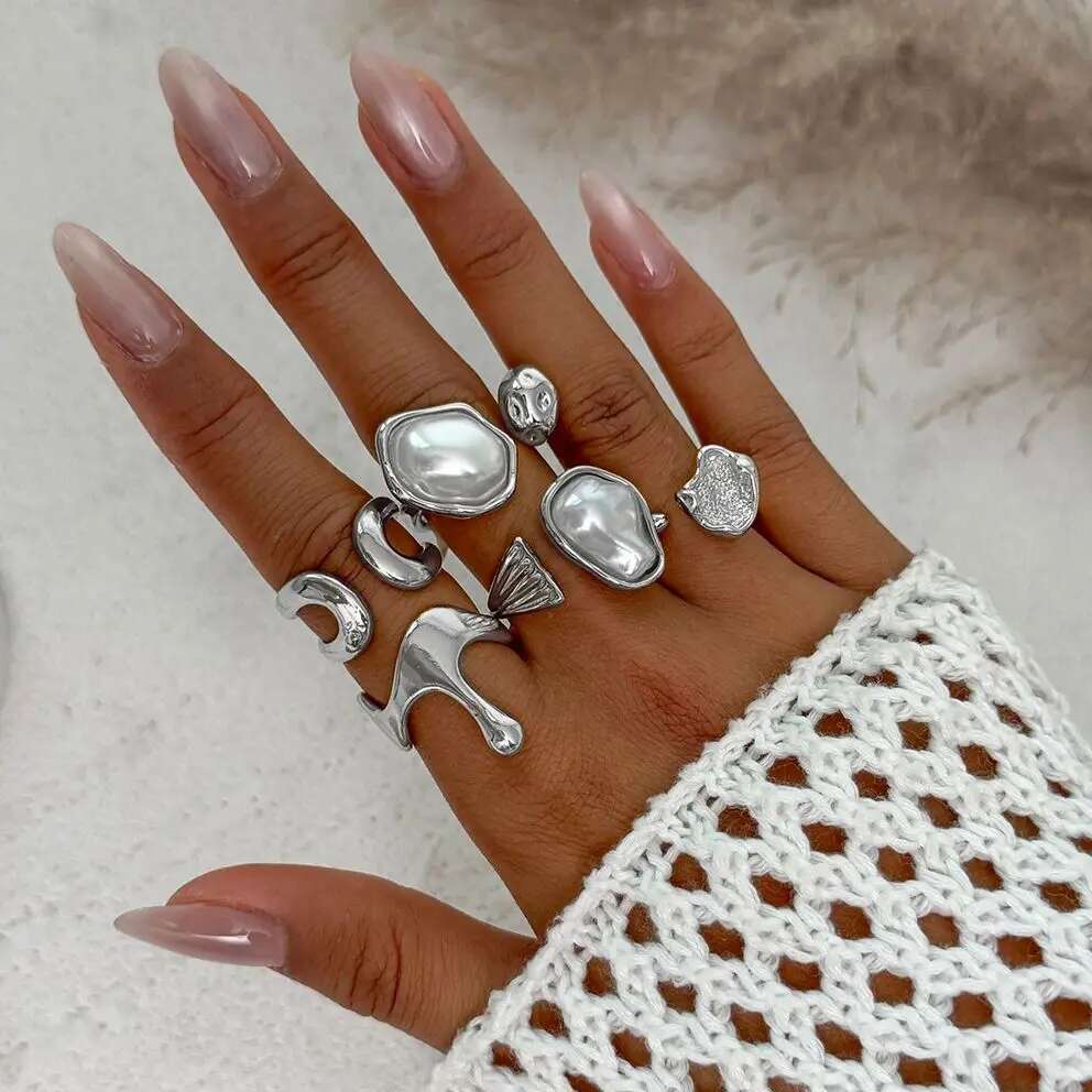 

Ingemark 5Pcs/Set Retro Elegant Baroque Imitation Pearl Open Ring Trendy Irregular Geometry Adjustable Ring Set Birthday Jewelry