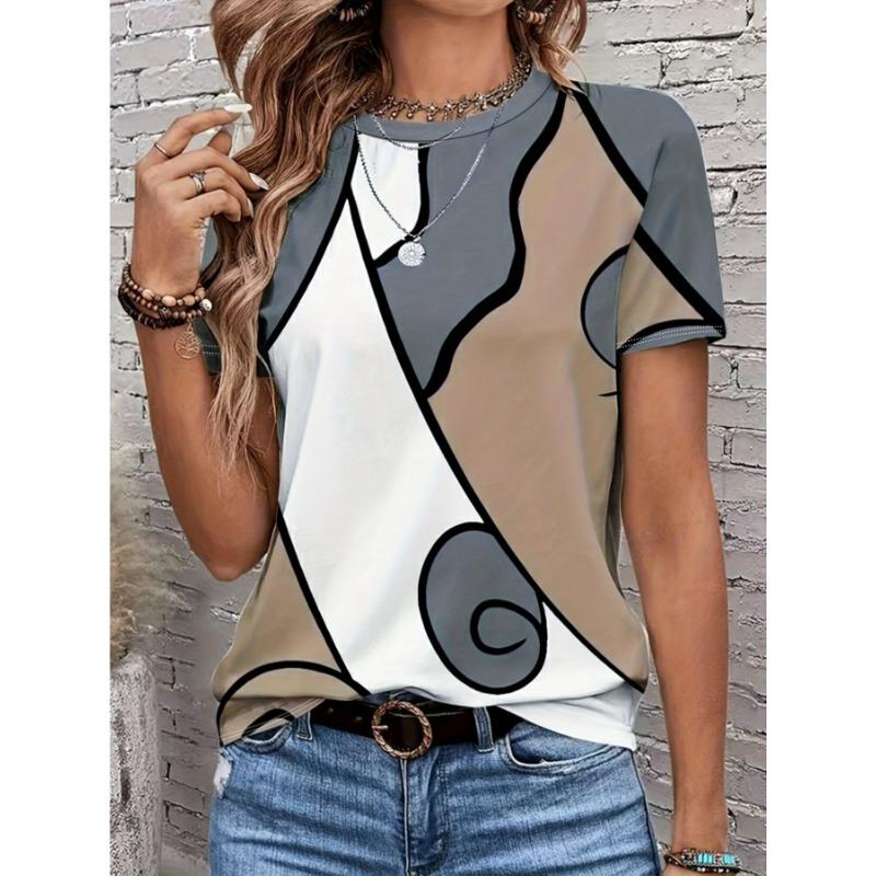 Ladies  Abstract Geometric Art Printed Loose Short sleeved T-shirt S