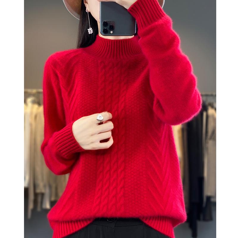 Women's High-Neck Wool Sweater: Autumn/Winter Loose Fit Cable Knit Base Layer, Thickened and Stylish.