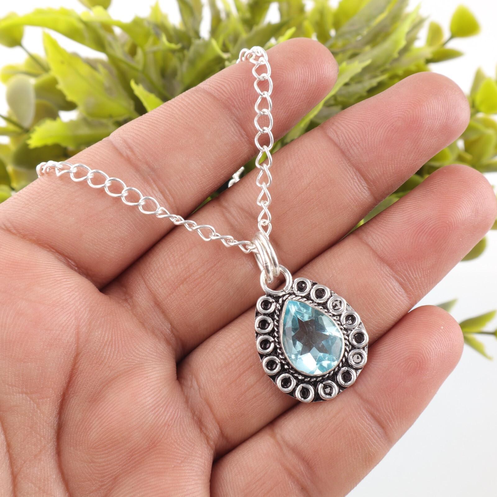 

Friendship Day Deal Pear Natural Sky Blue Topaz Sisters Gift Pendant 925 Silver PP-26-3