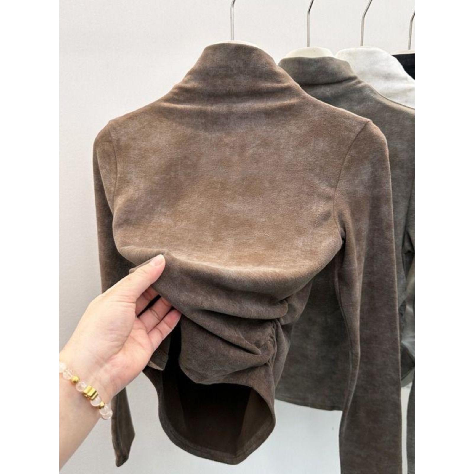 

Women s Fleece Base Layer Shirt: Autumn/Winter Arrival, Thickened Velvet, Half-High Collar, Long Sleeve, Versatile as Outerwear Large кофейный