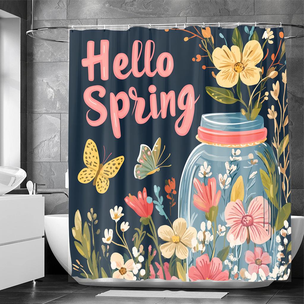 1pc Spring floral shower curtain with hooks, vibrant garden design bathroom decor, perfect for all seasons, durable woven fabric