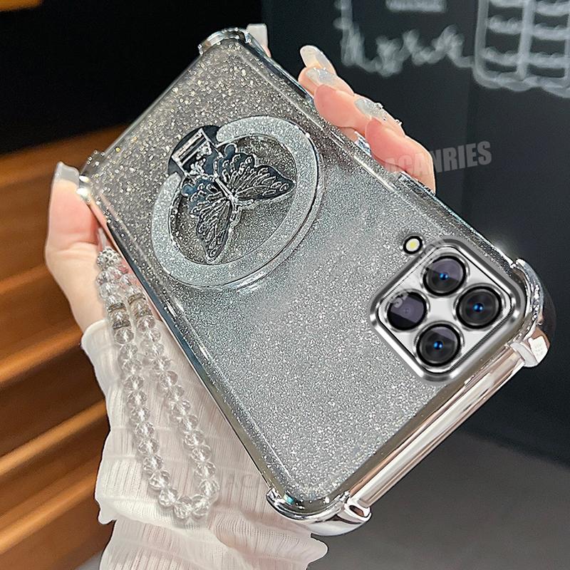 

A 12 22 Lanyard Butterfly Holder Case For Samsung Galaxy A12 A22 4g 5g Glitter Shockproof Protect Plating Silicone Stand Cover A22 5G