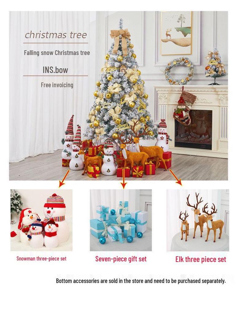 Golden Christmas Tree Set with Ornaments: 1.5m, 1.8m, 2.1m Flocked Pine with White Snow