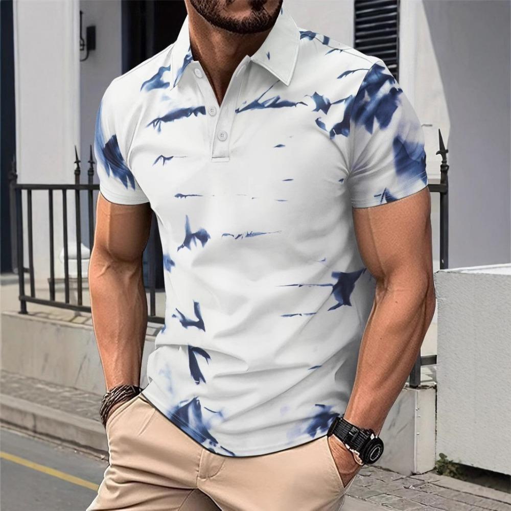 Men's Summer Trendy New Digital Printed Color Blocked Collar Casual Outdoor Short Sleeved Polo Shirt