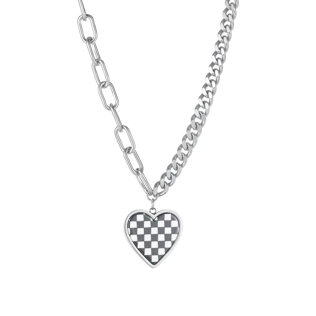 Korean version design sense black and white checkerboard love double chain titanium steel necklace sweet cool hip hop pendant women's jewelry