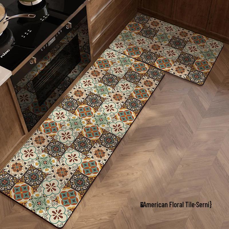 Retro American Diatom Mud Kitchen Floor Mat - Quick Dry, Water Absorbing, Non-Slip, Easy Clean, Long Strip Design.
