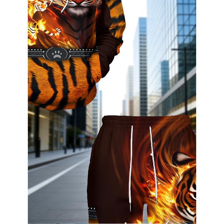 Men'S 3D Print Hoodie Set with Tiger Design, Featuring a Flame Pattern, Casual Sweatshirt with Pockets, Long Sleeve Tracksuit for Autumn And Winter