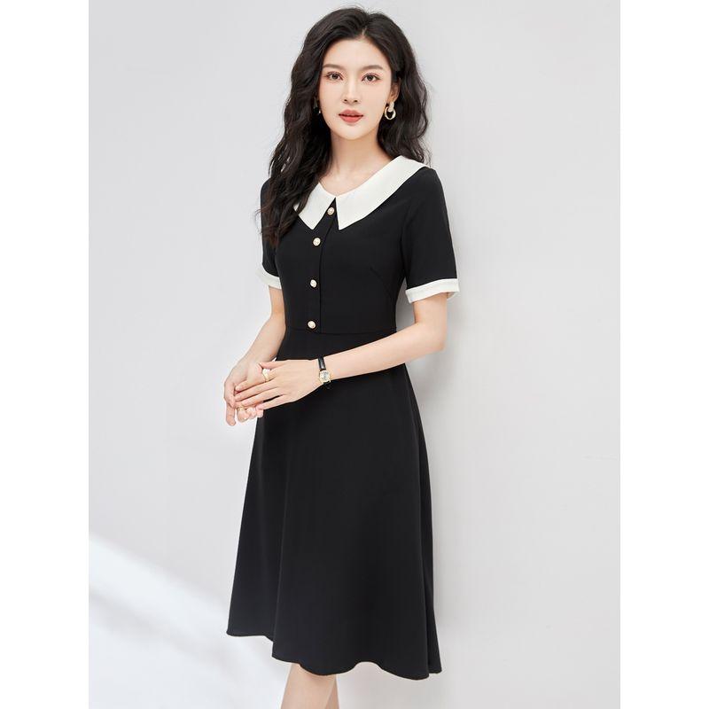 

Слегка зрелое профессиональное платье-поло контрастного цвета, элегантное маленькое черное платье, женская летняя одежда 2025, платье в стиле Хепберн, облегающее, с коротким рукавом Black 2XL