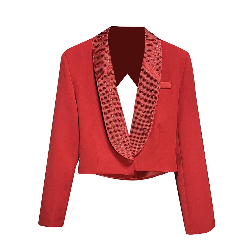 

European & American Fashion: Women s Sexy Backless Lapel Jacket - Spring 2026 Collection, Solid Color, Long Sleeve, Hot Drilling Details. Large