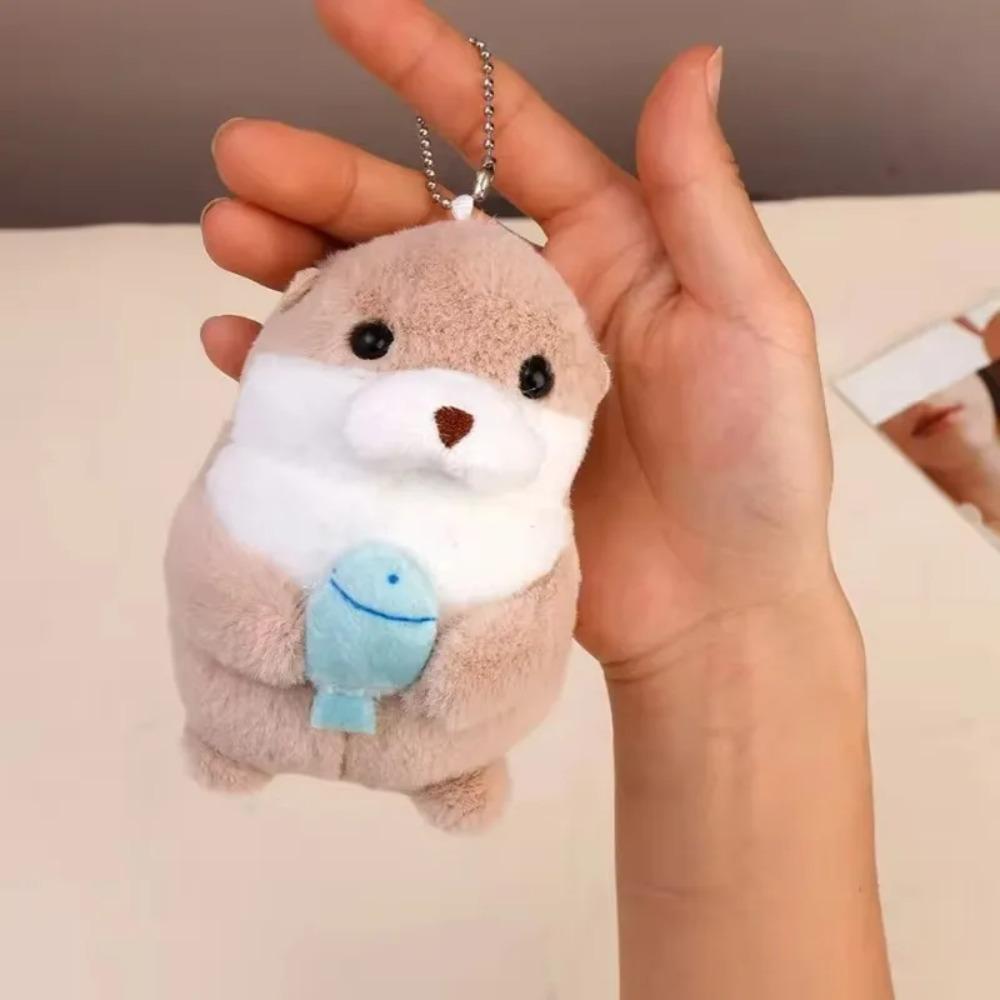 12cm Cute Otter Holding Fish Plush Keyring-Lightweight Hanging Pendant, Ideal for School Bag/Key/Wallet, Doll Toy Gifts & Props