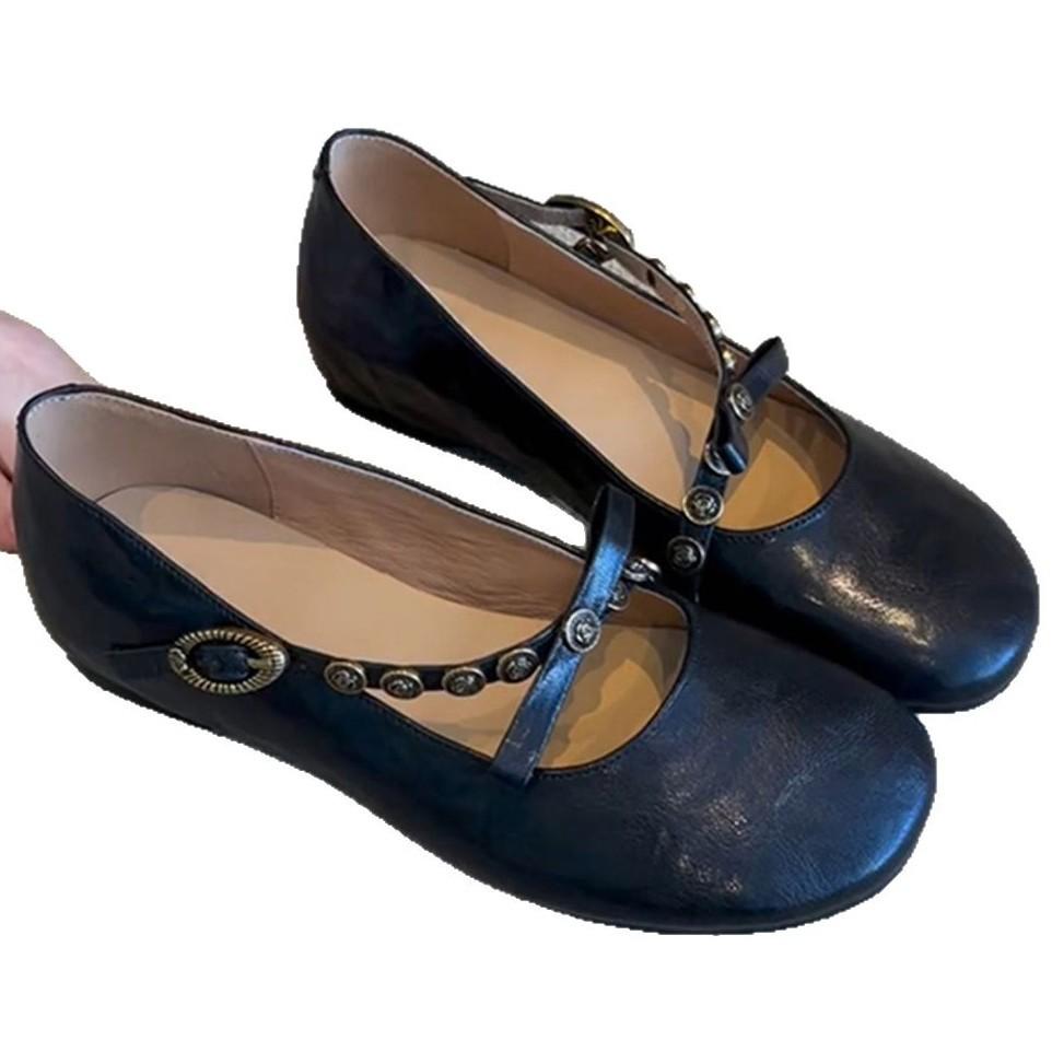 Soft leather version~ French retro light mouth one-word buckle bow single shoes flat soft leather one-pedal Mary Jane shoes women
