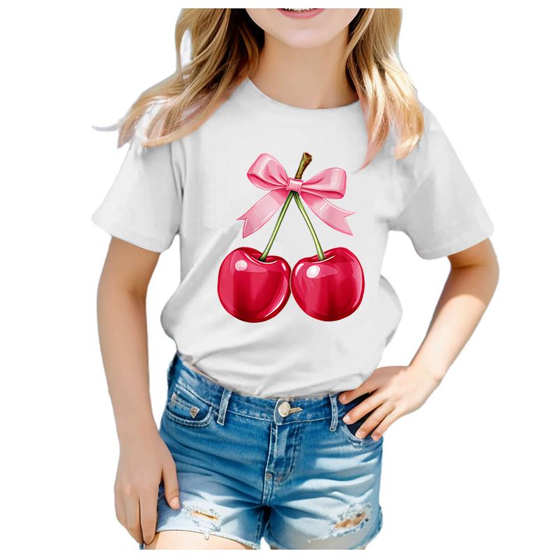 Fruit Cherry Print New Childrens Clothing Style Childrens Shortsleeved Tshirt Printed Round Neck Burst Girls Tshirt