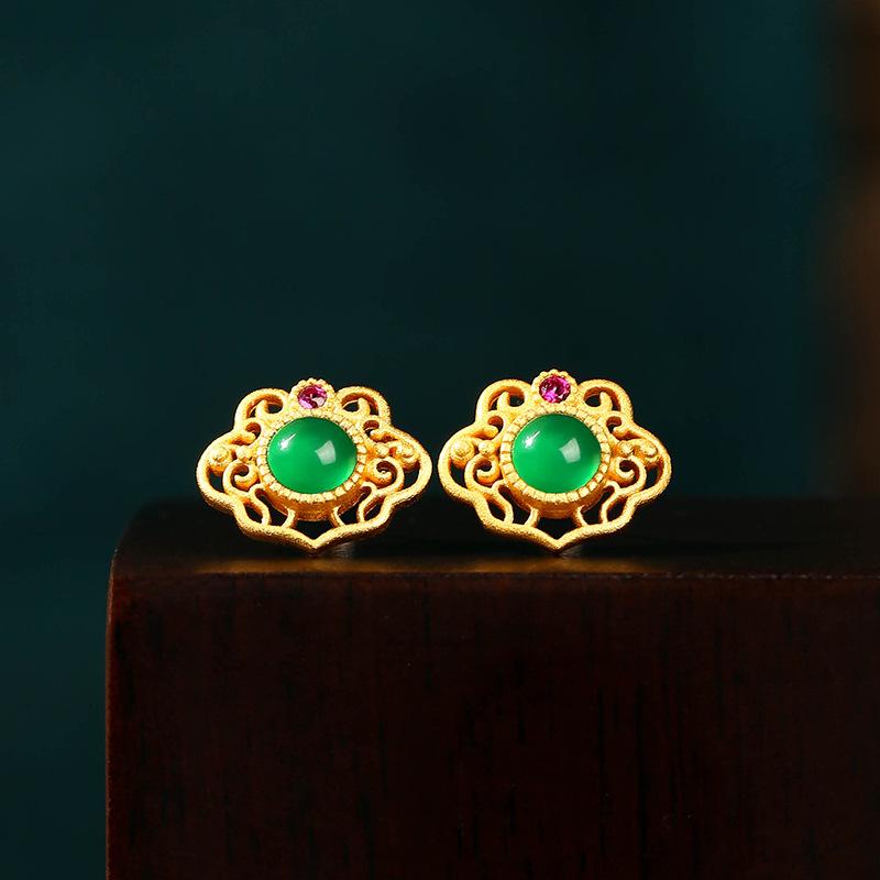 PANJBJ 925 Sterling Silver Hotan Jade Stud Earring for Women Girl Round Vintage Luxury Jewelry Banquet Gift Dropshipping