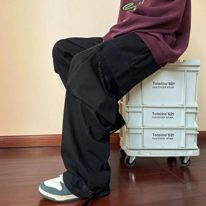 Women Men Wine Red Cargo Pants Wide Leg Streetwear Multi Pocket Trouser