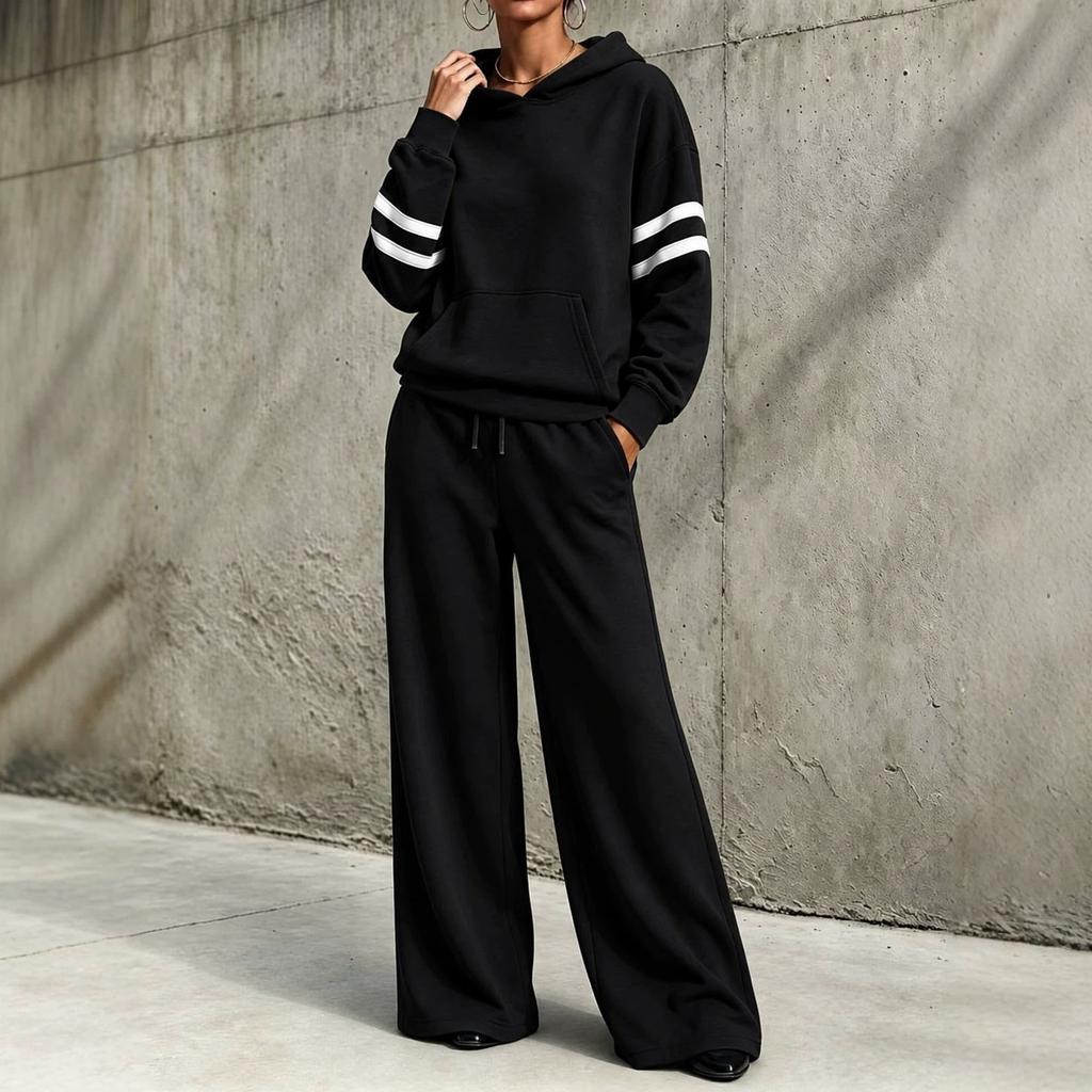 Women's Two Piece Outfit Hooded Sweatshirt Wide Leg Pants Casual Sporty Set