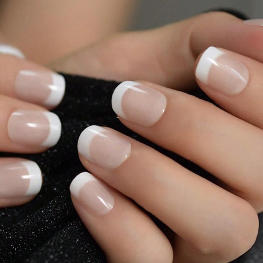 24pcs French Stiletto Nail Kit Nude And White, Short Square Acrylic False Nails With Jelly Stickers, Nail Art Supplies