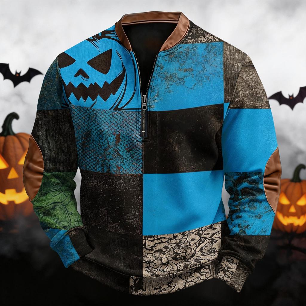 Men's Casual Retro Half Zip Long Sleeve Sweatshirt with Halloween Print