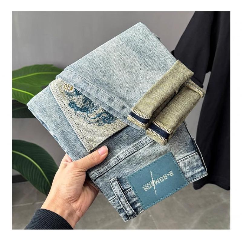 Summer Thin Ripped Patch Jeans Men's High-end Design Sense Printing European Big-name Slim-fitting Small Feet Nine-point Pants