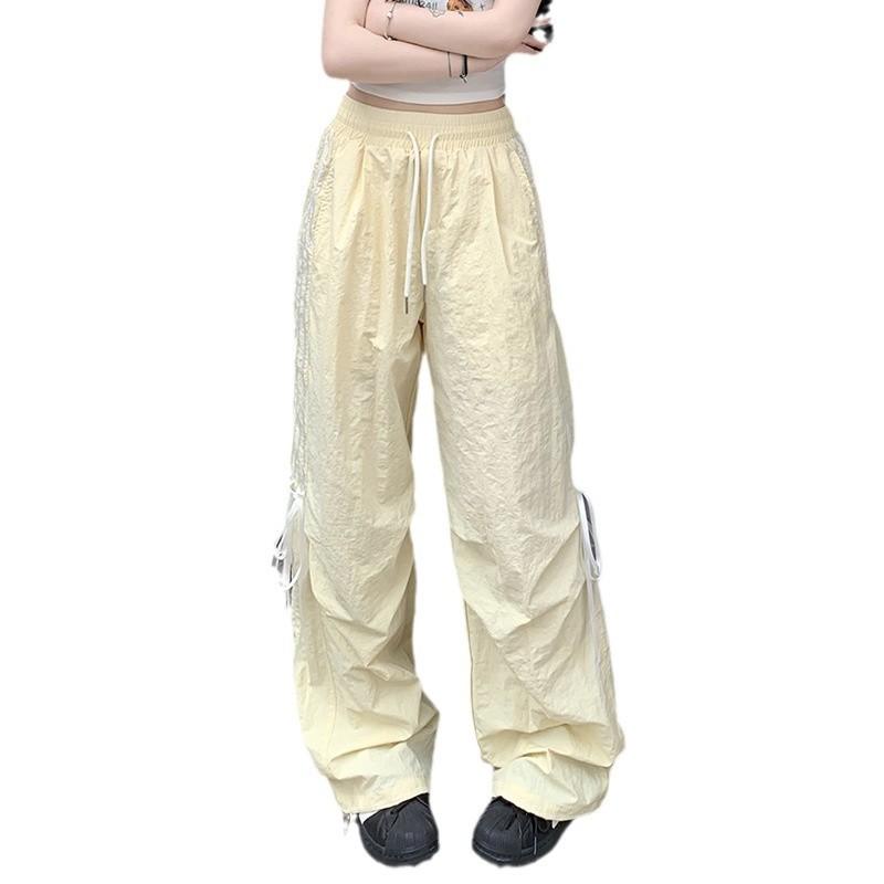 Spring and Summer Striped Splicing Lacing Solid Colour High Waist Commuter Casual Slim Women's Pants