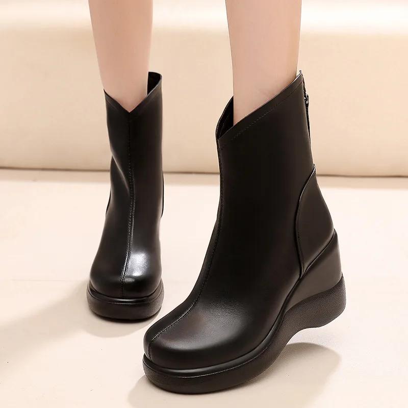 Móda Velikost32-43 Pravá Kůže Dámské Kotníkové Boty Módní Zip Dámské Vysoký Podpatek Plyšové Krátké Boty Zimní Dámské Platformové Klínky Boty