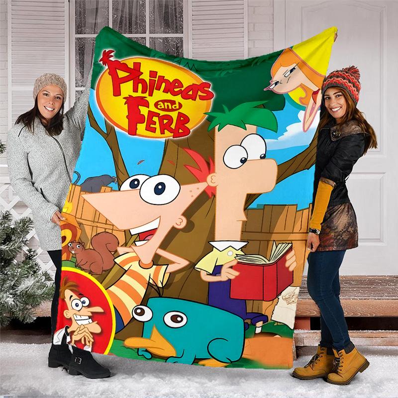 1pc Phineas and Ferb1 Theme Blanket - Digital Print, Polyester, Cozy for All Seasons, Perfect for Outdoor, and Travel