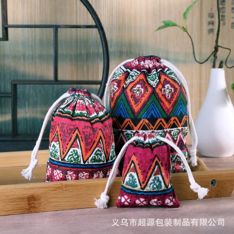 10pcs/lot Linen Drawstring pocket Cute Pattern Printed DIY wedding Candy Storage Bag Travel Makeup Cloth Shoes Sundries Storage